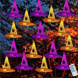 Halloween Decorations Witch Hat, 8 Pcs Hanging Lighted Glowing Witch Hat Decor